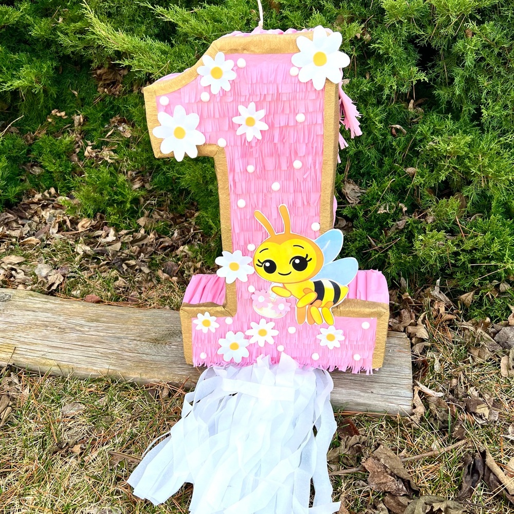 Pink Number 1 Piñata with Bee and Flowers